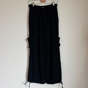 Talulah Small Black Linen Blend Pull On Wide Leg Adjustable Jogger Cargo Pants